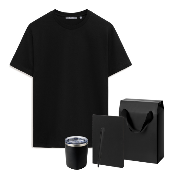 Набор с одеждой Крис (Kris) (футболка, термокружка, блокнот, ручка), черный, S