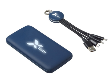 Набор из внешнего акуумулятора и универсального кабеля с подсветкой лого Reserve LED, 10000mAh, темно-синий Набор из внешнего акуумулятора и универсального кабеля с подсветкой лого Reserve LED, 10000mAh, темно-синий