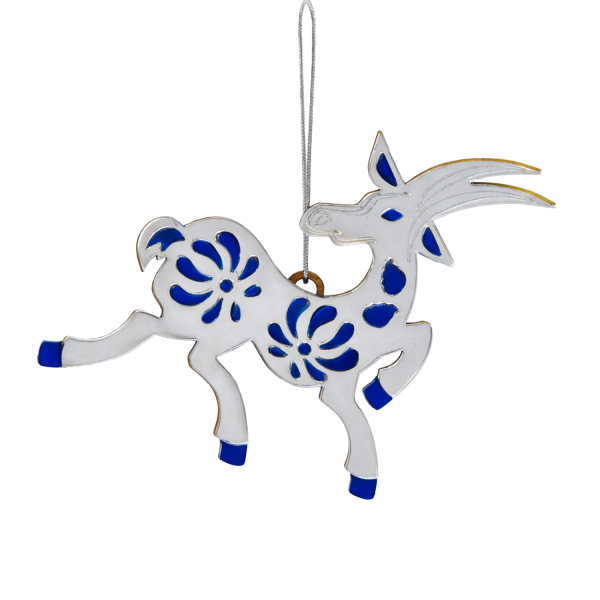 Ёлочная игрушка Коза (серебряный с синим)
