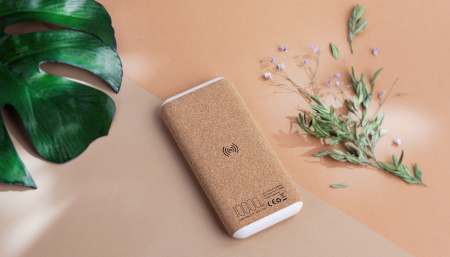 Беспроводное зарядное устройство "Cork Power" 10000 mAh, пластик/пшеничное волокно/пробка Беспроводное зарядное устройство "Cork Power" 10000 mAh, пластик/пшеничное волокно/пробка