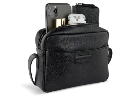 Сумка кросс-боди женская BUGATTI ЭЛЬЗА | ELSA, чёрная, воловья кожа/полиэстер, 19х5,5х14 см