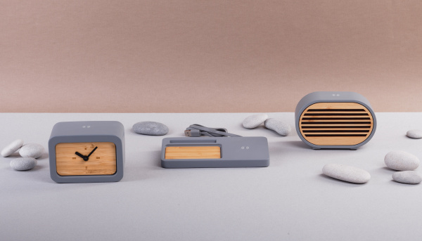 Часы "Stonehenge" с беспроводным зарядным устройством, камень/бамбук Часы "Stonehenge" с беспроводным зарядным устройством, камень/бамбук