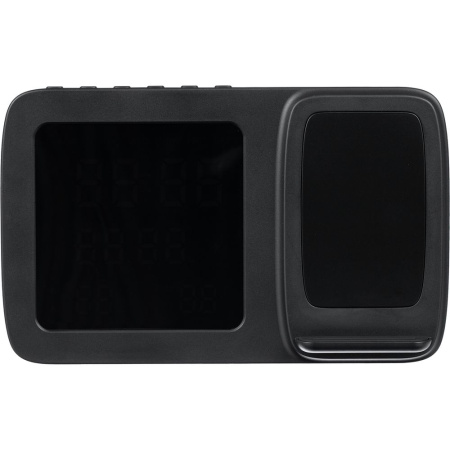 Станция беспроводной зарядки с часами и календарем и подсветкой логотипа Novem, черная Станция беспроводной зарядки с часами и календарем и подсветкой логотипа Novem, черная