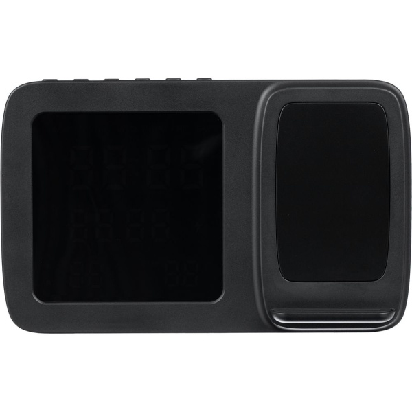 Станция беспроводной зарядки с часами и календарем и подсветкой логотипа Novem, черная Станция беспроводной зарядки с часами и календарем и подсветкой логотипа Novem, черная