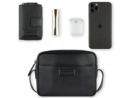 Сумка кросс-боди женская BUGATTI ЭЛЬЗА | ELSA, чёрная, воловья кожа/полиэстер, 19х5,5х14 см