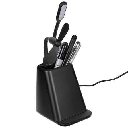 Настольный органайзер с зарядкой, лампой, вентилятором и подсветкой логотипа powerTower, черный Настольный органайзер с зарядкой, лампой, вентилятором и подсветкой логотипа powerTower, черный