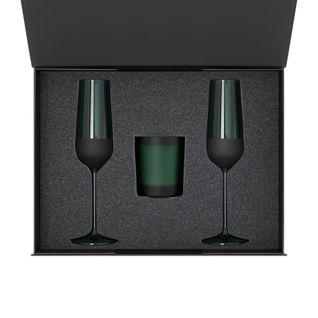 Подарочный набор свеча Enigma + 2 бокала для шампанского Emerald в черной коробке