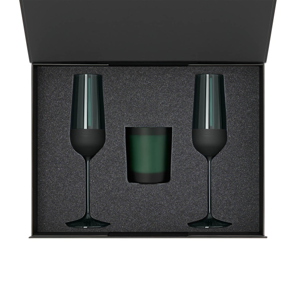 Подарочный набор свеча Enigma + 2 бокала для шампанского Emerald в черной коробке