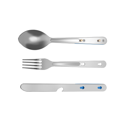 Набор столовых приборов для кемпинга, 160 мм, 4 функции: нож для стейка с открывалкой для бутылок, ложка, вилка; нержавеющая сталь, алюминий (синий), в комлекте нейлоновый чехол, в картонной коробке