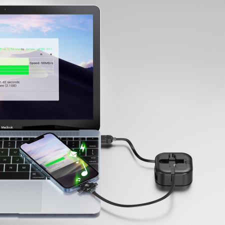 Кабель зарядный выдвижной USB Wingle 3-в-1 на Lightning, Micro-USB, Type-C «U50» 2,4 A, Quick Charge с подставкой для телефона, квадратный, черный