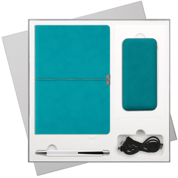 Подарочный набор Ин Велюр (In Velour), бирюзовый (ежедневник, ручка, аккумулятор)