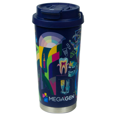 Термокружка Cosmostar Print Sample "Megagen" металлическая, 550 мл, темно-синяя  с серебром в тубусе