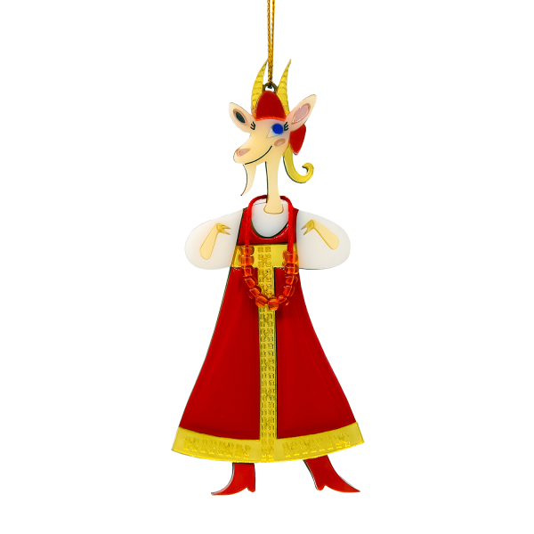 Ёлочная игрушка Коза в сарафане (красный с белым)