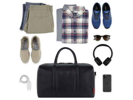 Сумка дорожная BUGATTI КЛАРК | CLARK, чёрная, воловья кожа/полиэстер, 45х20х27,5 см, 24 л