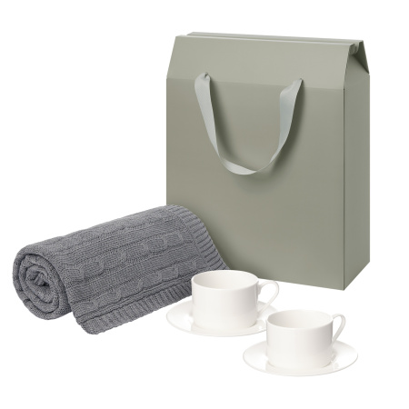 Подарочный набор Мокко (Mokko), Фадо (Fado), серый в коробке-пакете (две чайных пары, плед)