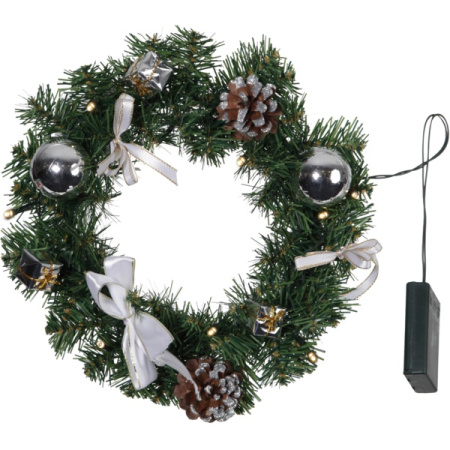 Венок еловый DECORAGE, диаметр 30 см, 10 LED ламп, на батарейках, зелёная хвоя, серебристые украшени