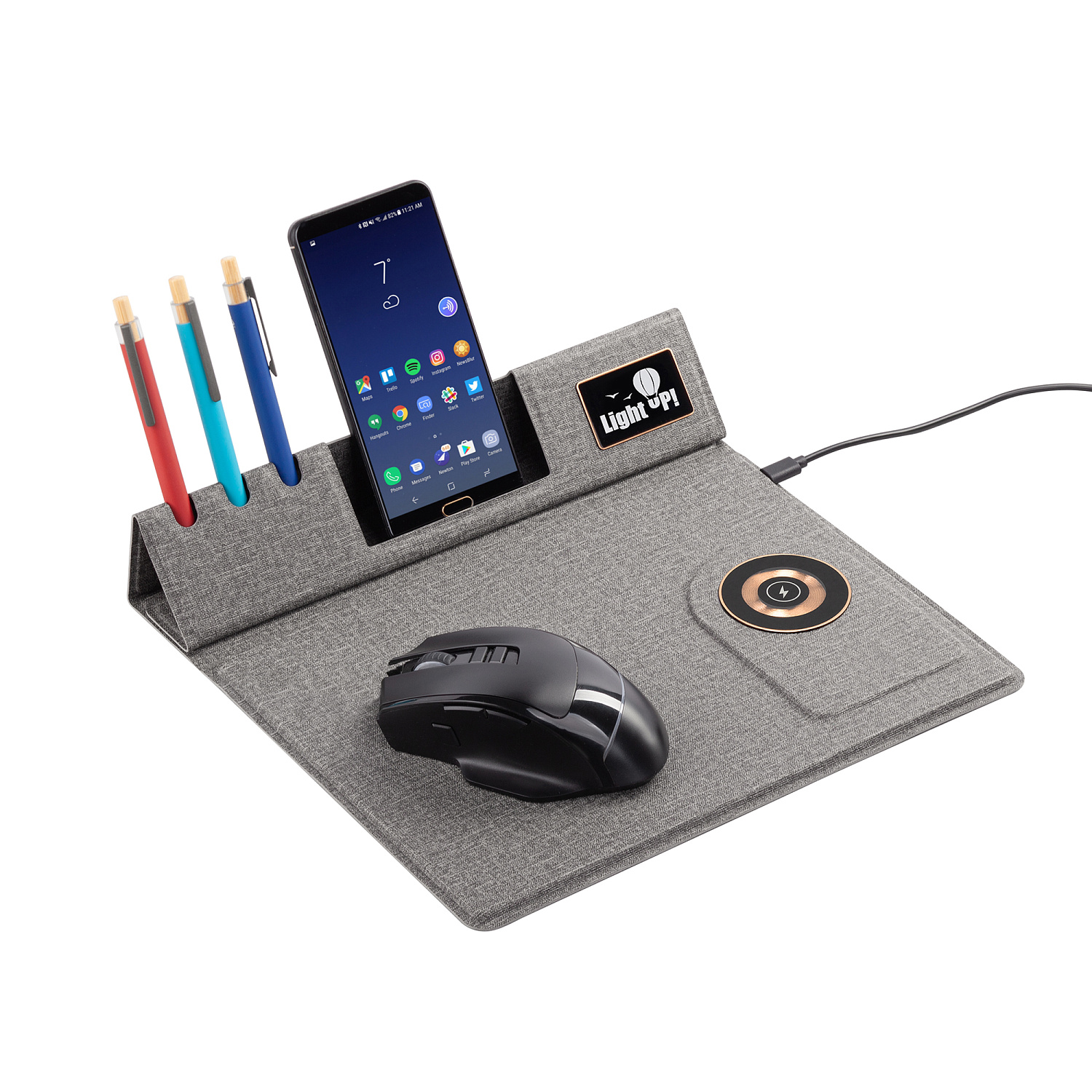 Настольная складная подставка "Cool Mat" с беспроводным (15W) ЗУ, сенсорной подсветкой логотипа, функцией MagSafe и ковриком для мыши Настольная складная подставка "Cool Mat" с беспроводным (15W) ЗУ, сенсорной подсветкой логотипа, функцией MagSafe и ковриком для мыши