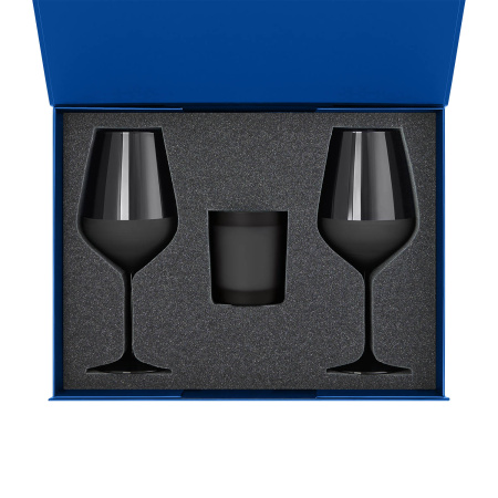 Подарочный набор свеча Enigma + 2 бокала для вина Black Edition в синей коробке