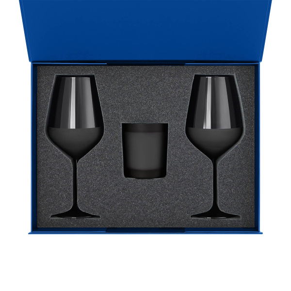 Подарочный набор свеча Enigma + 2 бокала для вина Black Edition в синей коробке