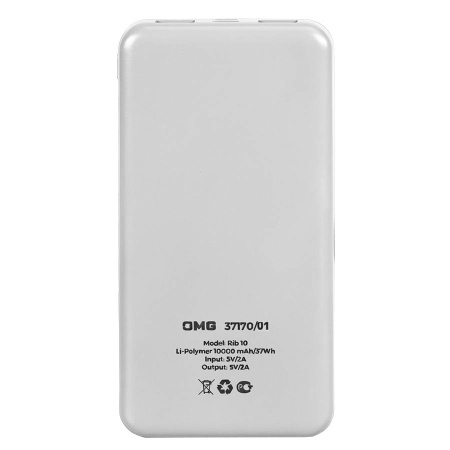 Универсальный аккумулятор Rib 10 (10000 мАч), белый, 13,5х6.8х1,5 см