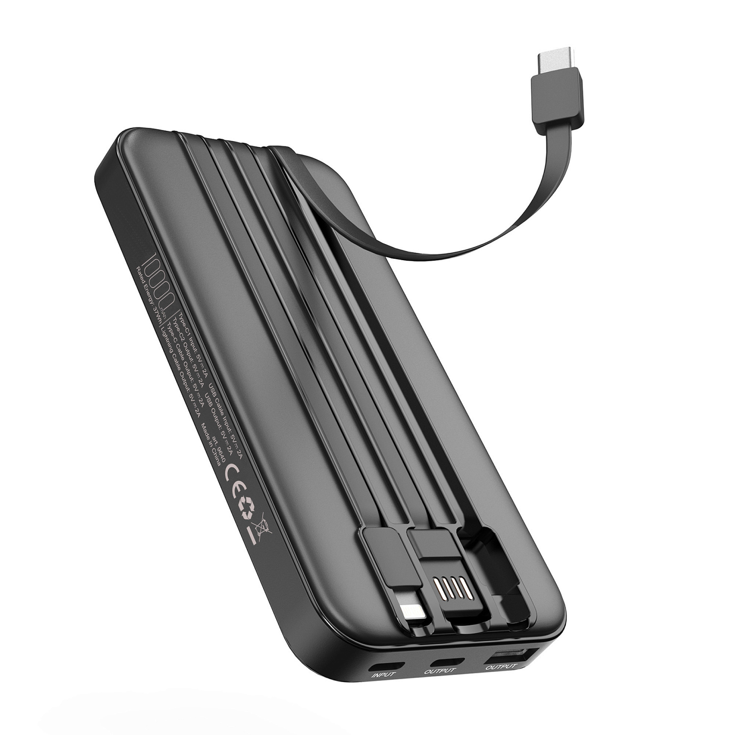 Зарядное устройство "Форт" 10000 mAh с подсветкой логотипа, встроенными кабелями и цифровым индикатором заряда