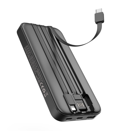 Зарядное устройство "Форт" 10000 mAh с подсветкой логотипа, встроенными кабелями и цифровым индикатором заряда