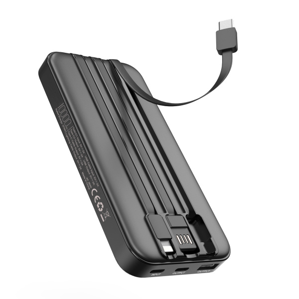 Зарядное устройство "Форт" 10000 mAh с подсветкой логотипа, встроенными кабелями и цифровым индикатором заряда