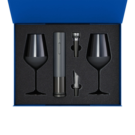 Подарочный набор 2 бокала для вина Сапфир (Sapphire) + набор для вина с электрическим штопором Сакраменто (Sacramento), в синей коробке
