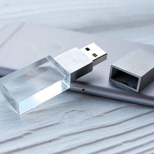 Флеш накопитель USB 2.0 Кристалл, металл/стекло, прозрачный/серебристый, подсветка белым,16 GB