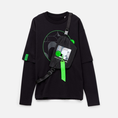 Футболка оверсайз с двойным рукавом Kosmos, черная, размер XL/XXL