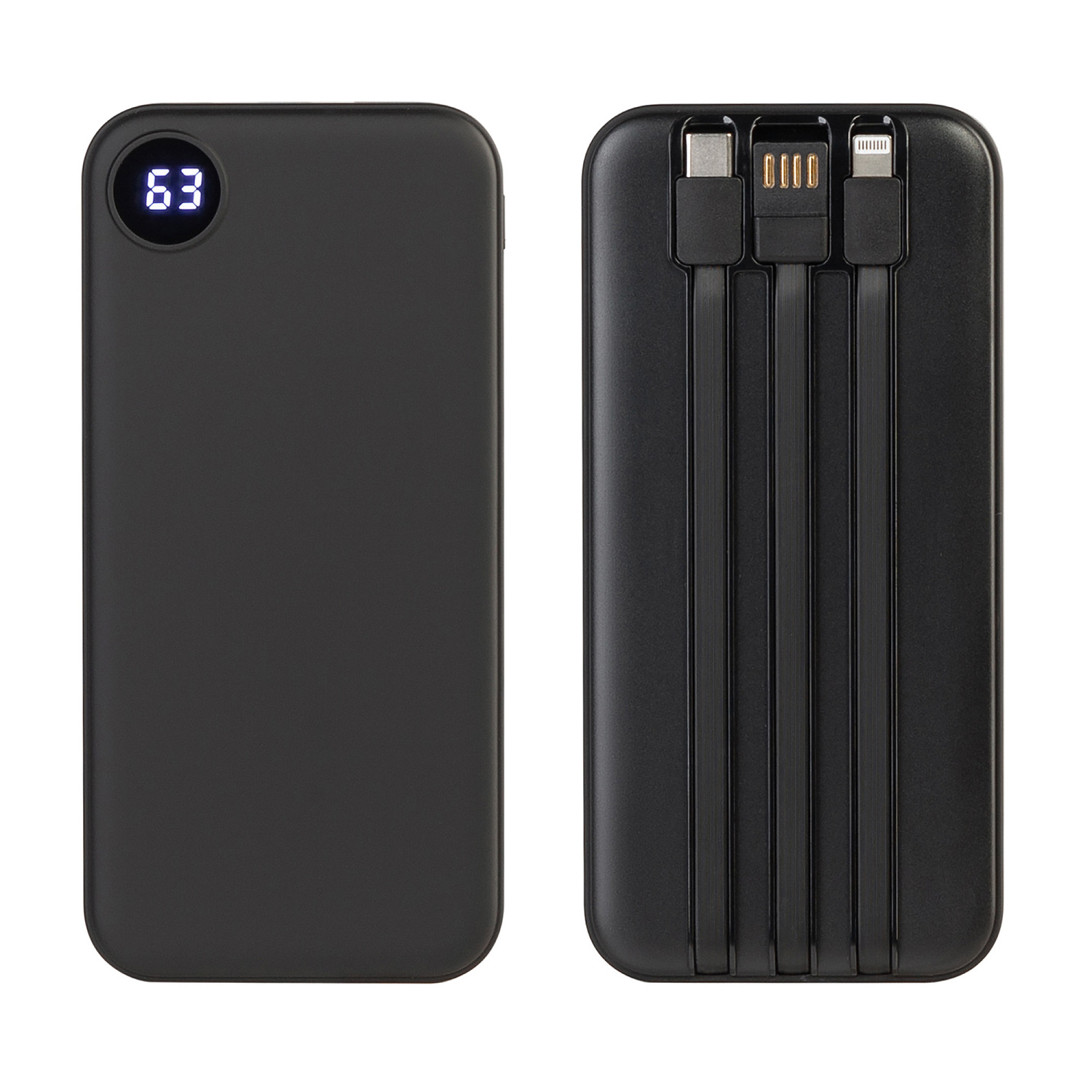 Зарядное устройство "Форт" 10000 mAh с подсветкой логотипа, встроенными кабелями и цифровым индикатором заряда
