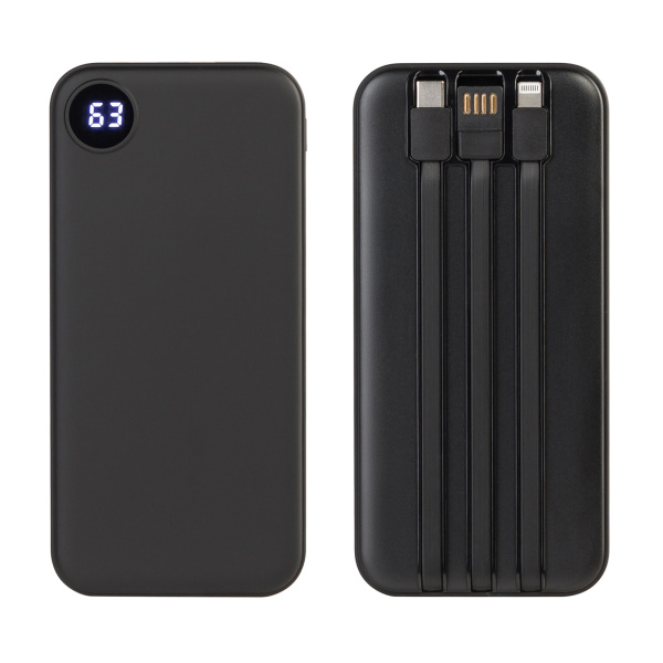 Зарядное устройство "Форт" 10000 mAh с подсветкой логотипа, встроенными кабелями и цифровым индикатором заряда