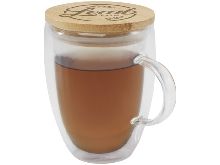 Стеклянная кружка Leona объемом 350 мл с бамбуковой крышкой - прозрачный