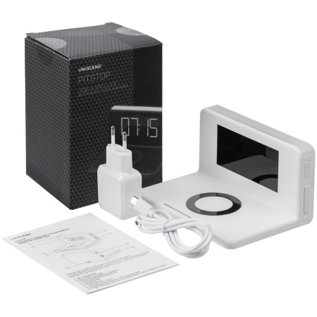 Часы настольные с беспроводным зарядным устройством Pitstop, белые Часы настольные с беспроводным зарядным устройством Pitstop, белые