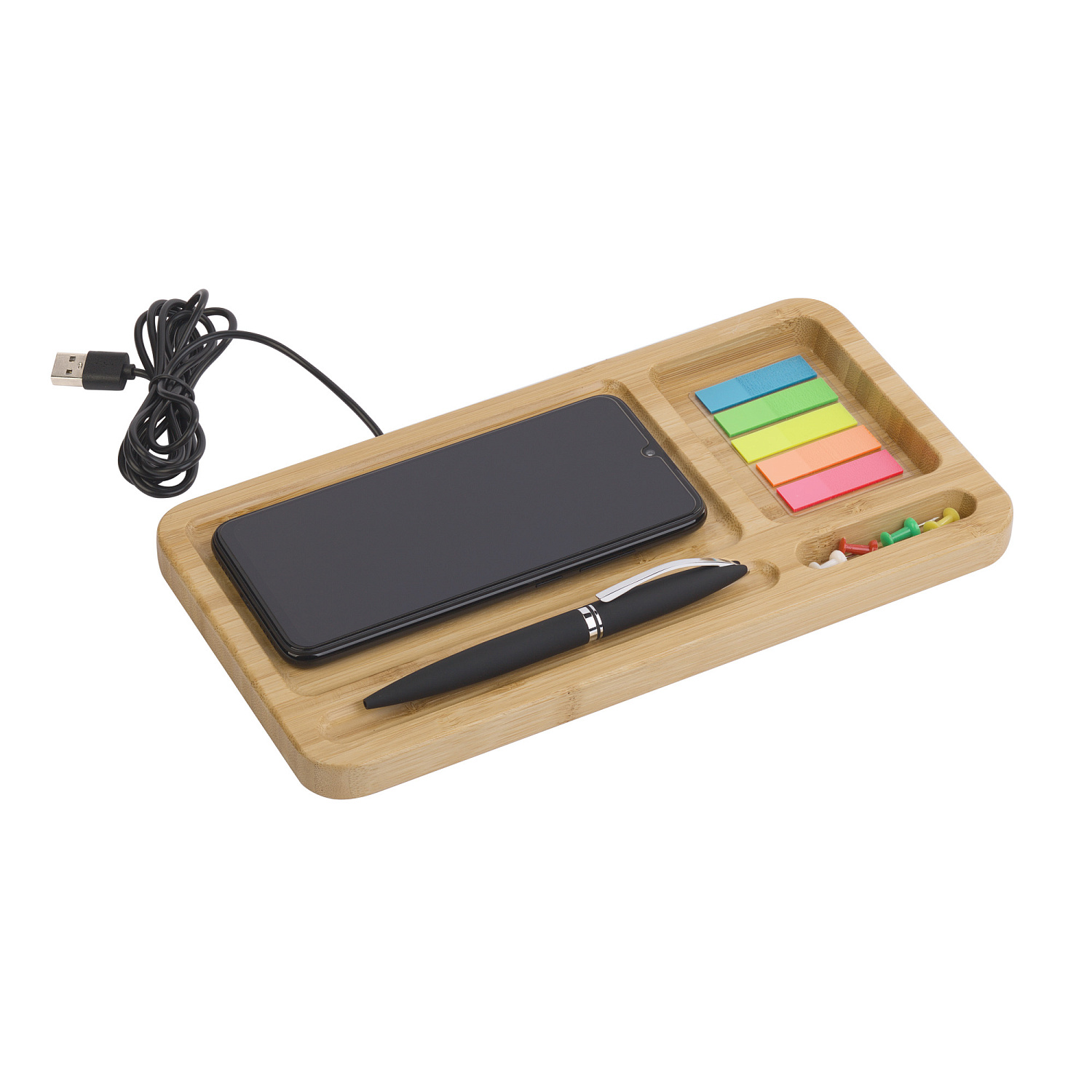 Настольный органайзер "Woodstock" с беспроводным зарядным устройством, бамбук Настольный органайзер "Woodstock" с беспроводным зарядным устройством, бамбук