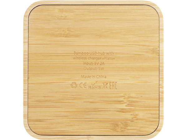 USB-хаб с беспроводной зарядкой из бамбука Plato, 5 Вт USB-хаб с беспроводной зарядкой из бамбука Plato, 5 Вт