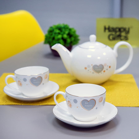 Чайник и две чайных пары GOLD в упаковке, 250мл и 1200мл, костяной фарфор