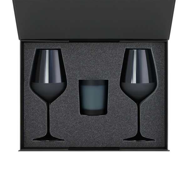 Подарочный набор свеча Enigma + 2 бокала для вина Sapphire в черной коробке