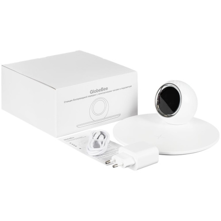 Станция беспроводной зарядки с часами и подсветкой GlobeBee, белая Станция беспроводной зарядки с часами и подсветкой GlobeBee, белая