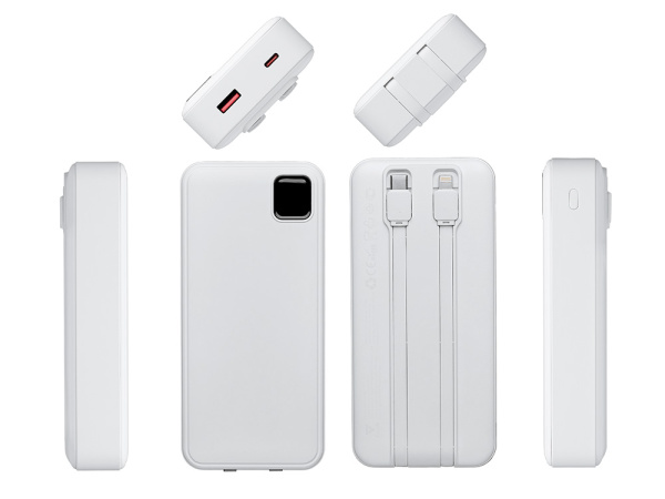 Внешний аккумулятор со встроенными кабелями Фрэйм Про, быстрая зарядка, 20000мач, белый