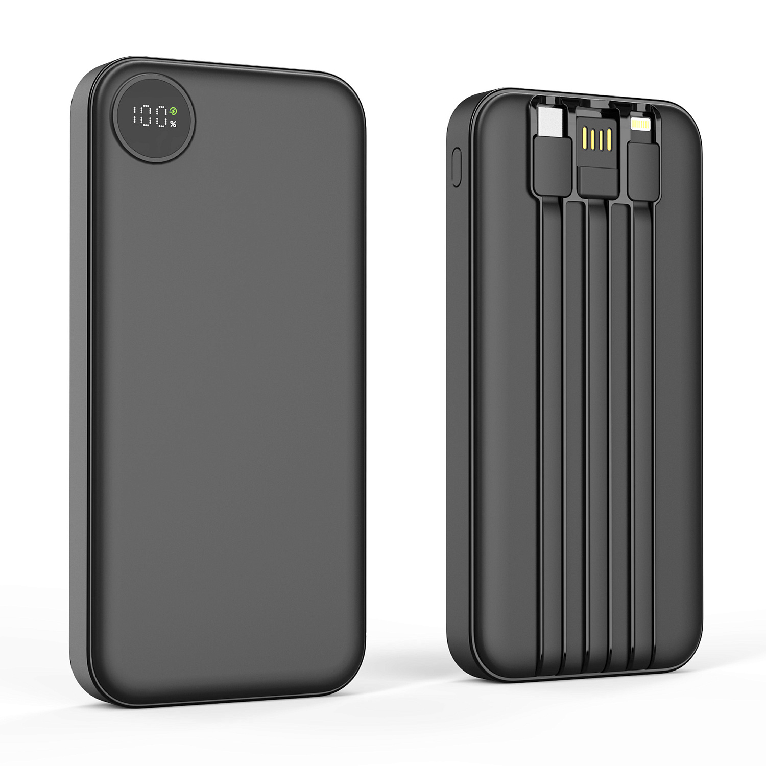 Зарядное устройство "Форт" 10000 mAh с подсветкой логотипа, встроенными кабелями и цифровым индикатором заряда