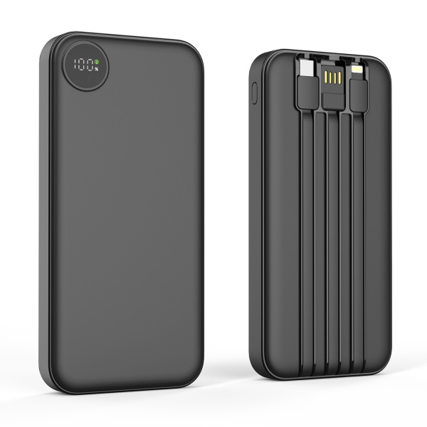 Зарядное устройство "Форт" 10000 mAh с подсветкой логотипа, встроенными кабелями и цифровым индикатором заряда