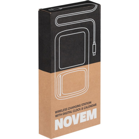 Станция беспроводной зарядки с часами и календарем и подсветкой логотипа Novem, черная Станция беспроводной зарядки с часами и календарем и подсветкой логотипа Novem, черная