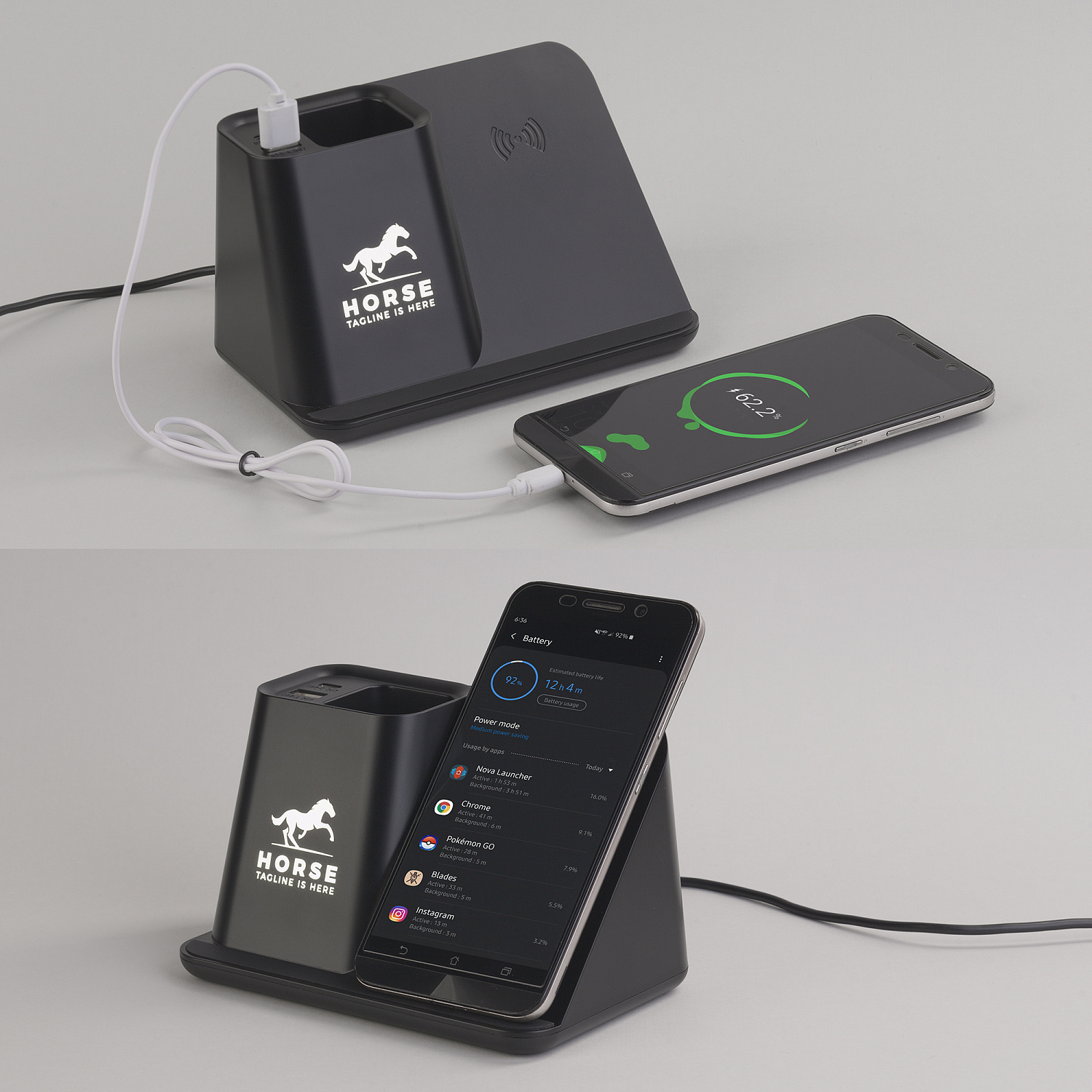 Карандашница "Black Star" с беспроводным (10W) зарядным устройством, вентилятором и лампой, с подсветкой логотипа Карандашница "Black Star" с беспроводным (10W) зарядным устройством, вентилятором и лампой, с подсветкой логотипа