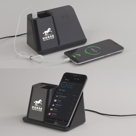 Карандашница "Black Star" с беспроводным (10W) зарядным устройством, вентилятором и лампой, с подсветкой логотипа Карандашница "Black Star" с беспроводным (10W) зарядным устройством, вентилятором и лампой, с подсветкой логотипа