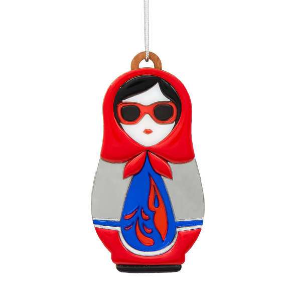 Ёлочная игрушка Матрёшка с узорами (красный с синим)