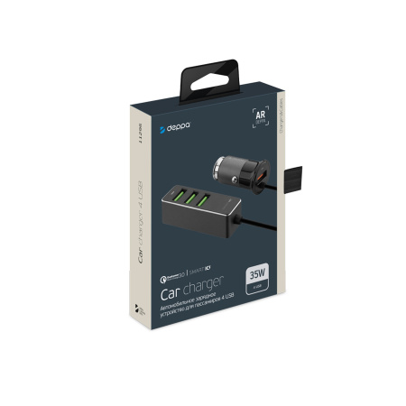 АЗУ 1 USB + 3 USB для пассажиров, QC 3.0, 7А, алюминий, графит, Deppa